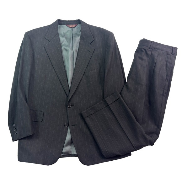 vtg 90s Nordstrom 46S 40x28 2pc Pant Suit USA Charcoal Chalk Stripe 100% Wool